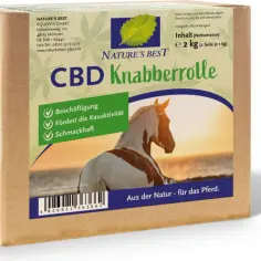 Opakowanie Nature's Best z produktem CBD dla koni. Na opakowaniu widnieje koń i hasło "Aus der Natur - für das Pferd".