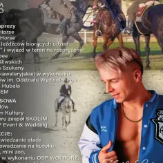Plakat zapraszający na wydarzenie "Gonitwa za Lisem" i Biesiadę Hubertusową. W programie zawody Hobby Horse, pokazy psów, musztra kawaleryjska. Co to Hubertus? To święto myśliwych i jeźdźców.