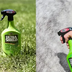 Butelka z zielonym sprayem Absorbine Ultra Shield Green do pielęgnacji koni, używana do ochrony przed owadami.