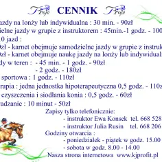 Cennik usług jeździeckich: nauka jazdy, wyjazdy w teren, sekcja sportowa, hipoterapie, oprowadzanie. Klub jeździecki Profit oferuje szeroki zakres szkoleń.