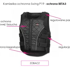 Czarna kamizelka na konie z pełną ochroną klatki piersiowej, brzucha i kręgosłupa. Regulowane paski i obwód dla idealnego dopasowania.