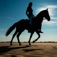 Jeździec w bryczesach na koniu galopuje po piaszczystej plaży na tle błękitnego nieba.