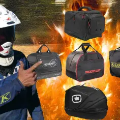 Motocyklista w kasku wskazuje na kilka toreb na sprzęt motocyklowy na tle płomieni.
