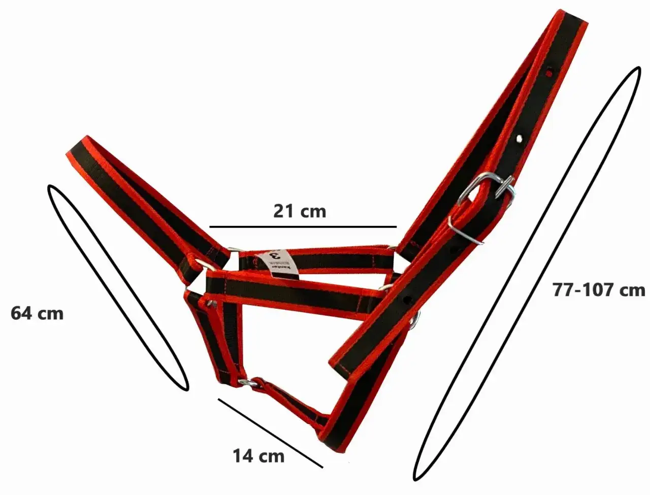 Czerwono-czarny kantar z widocznymi wymiarami: 64 cm, 21 cm, 14 cm i 77-107 cm. Idealny do dopasowania rozmiarów kantarów dla koni.