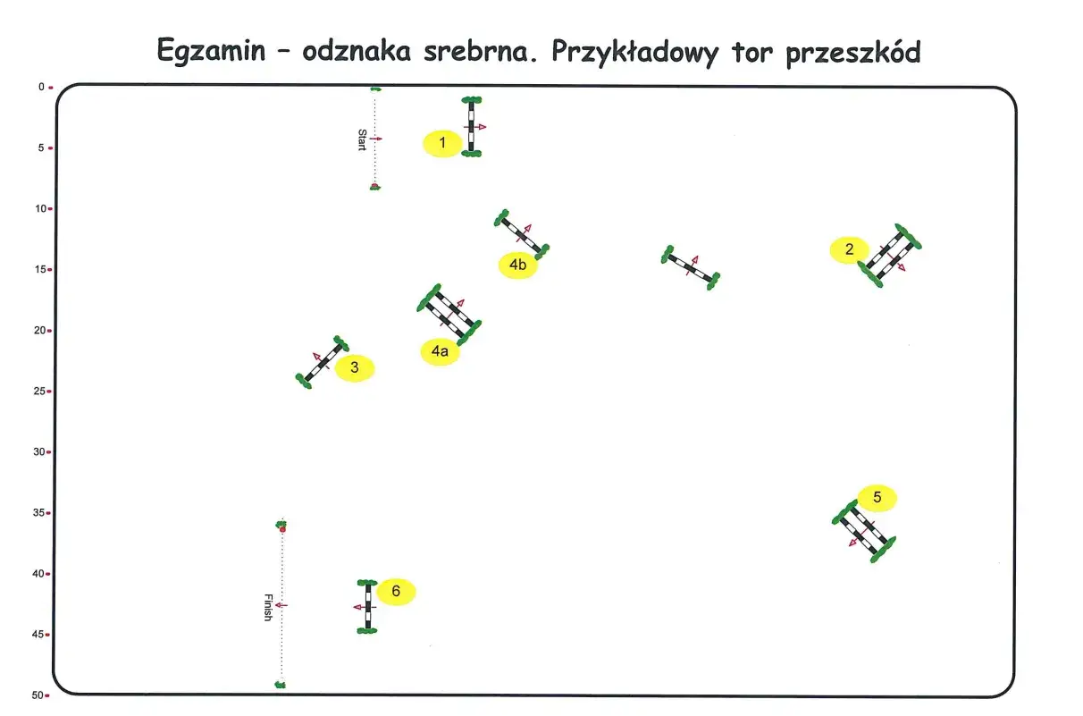 Schemat toru przeszkód do egzaminu na odznakę srebrną. Widoczne są przeszkody do skoków, oznaczone numerami od 1 do 6, oraz linie startu i mety.
