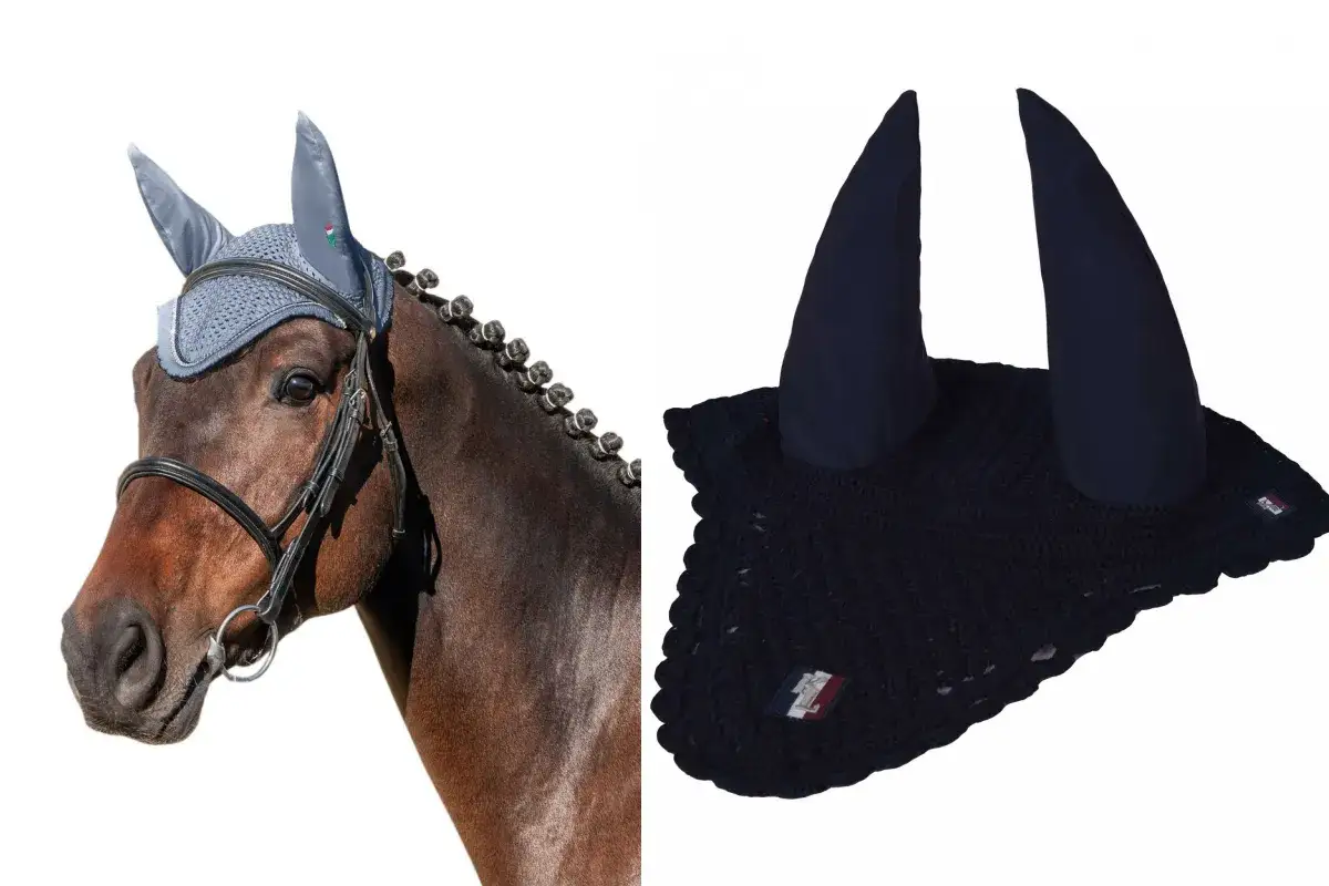 Eleganckie nauszniki dla konia w kolorze granatowym, idealne na zawody.