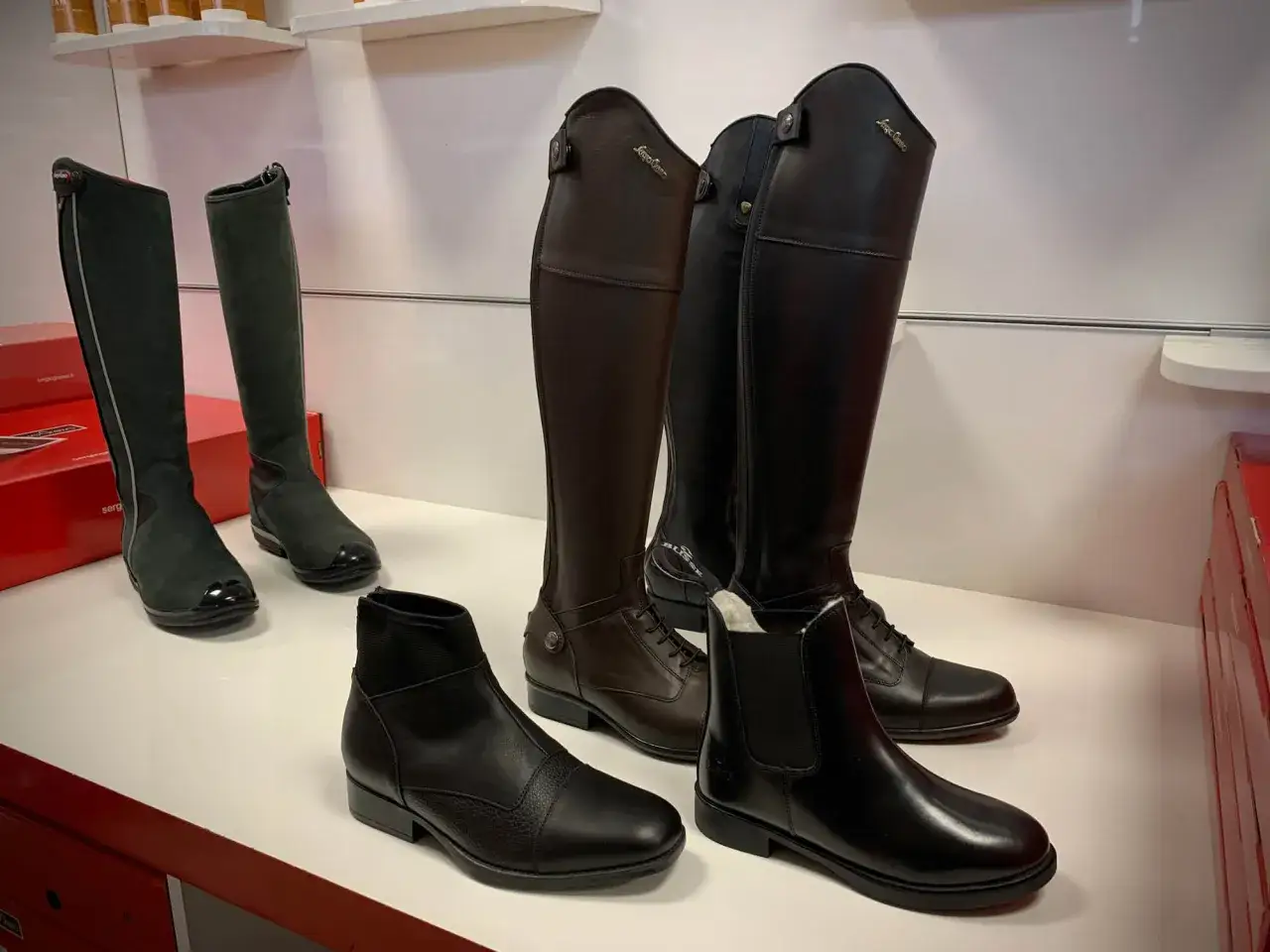 Różne rodzaje butów jeździeckich: wysokie, sznurowane, z zamkiem i botki.