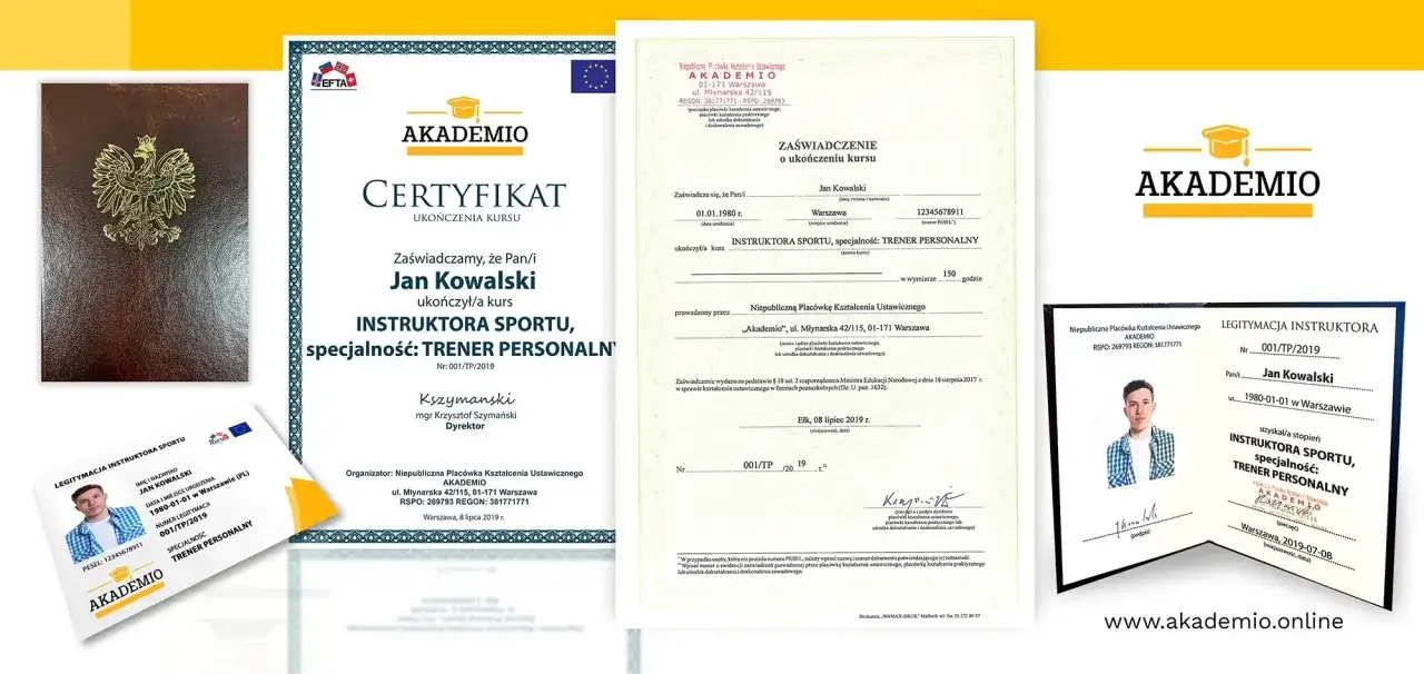 Certyfikaty i legitymacja instruktora sportu, specjalność: trener personalny, potwierdzające ukończenie kursu hipoterapii pzj.